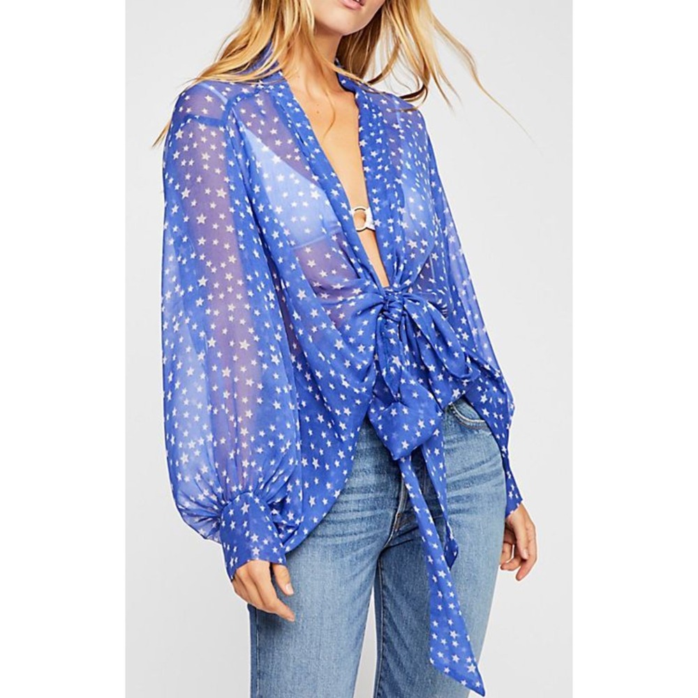 Free People Star Dazed Kimono Womens OS Blue Sheer Star Print Tie Front Boho